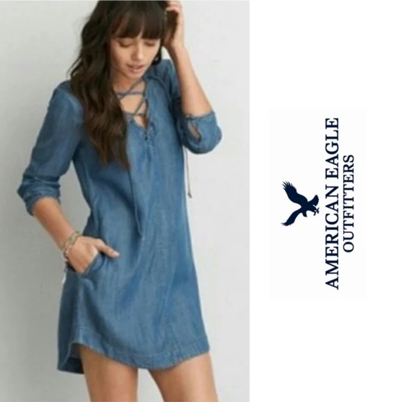 american eagle denim shirt dress American Eagle Shirt Dress Womens Small Blue Lyocell Chambray Button Down Y2K